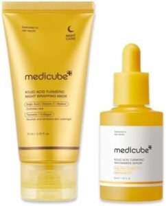 Kojic Acid Overnight Care & Nourish Duo for Troubled Skin: Kojic Acid Turmeric Overnight Wrapping Peel Off Mask 2.0 and Kojic Acid Turmeric Clarifying & Balancing Capsule Serum