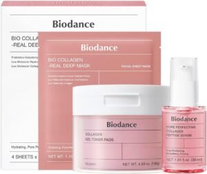 Collagen Pink Glow Trio: Collagen Real Deep Mask & Toner Pads & Peptide Serum for Plumping Hydration, Firming, Korean Skin Care, Skin Care Set