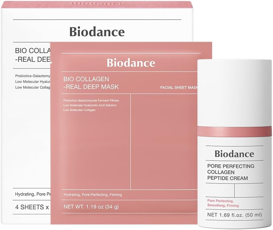 Collagen Glass Skin Duo: Collagen Real Deep Mask & Pore Perfecting Peptide Cream Bundle for Plumping Hydration, Firming, Korean Skin Care, Skin Care Set