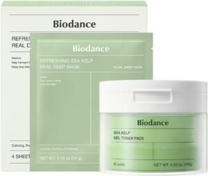 Sea Kelp Day & Night Gel Duo: Sea Kelp Mask & Toner Pads Set, Calming, Soothing, Oil Sebum Control for Sensitive Oily Skin, Korean Skin Care, Skin Care Set