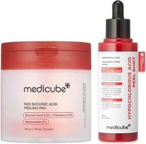 Peel & Swipe Duo: Hypochlorous Acid Rice Peel Shot and Red Succinic Pad for Smooth, Clear Skin