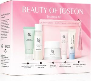 Essential Kit – Limited Edition 5-Piece K-Beauty Travel Skincare Set with Pouch – Includes Cleanser, Rice Milk Toner, Dynasty Cream, Eye Serum, and Relief Sun SPF50+