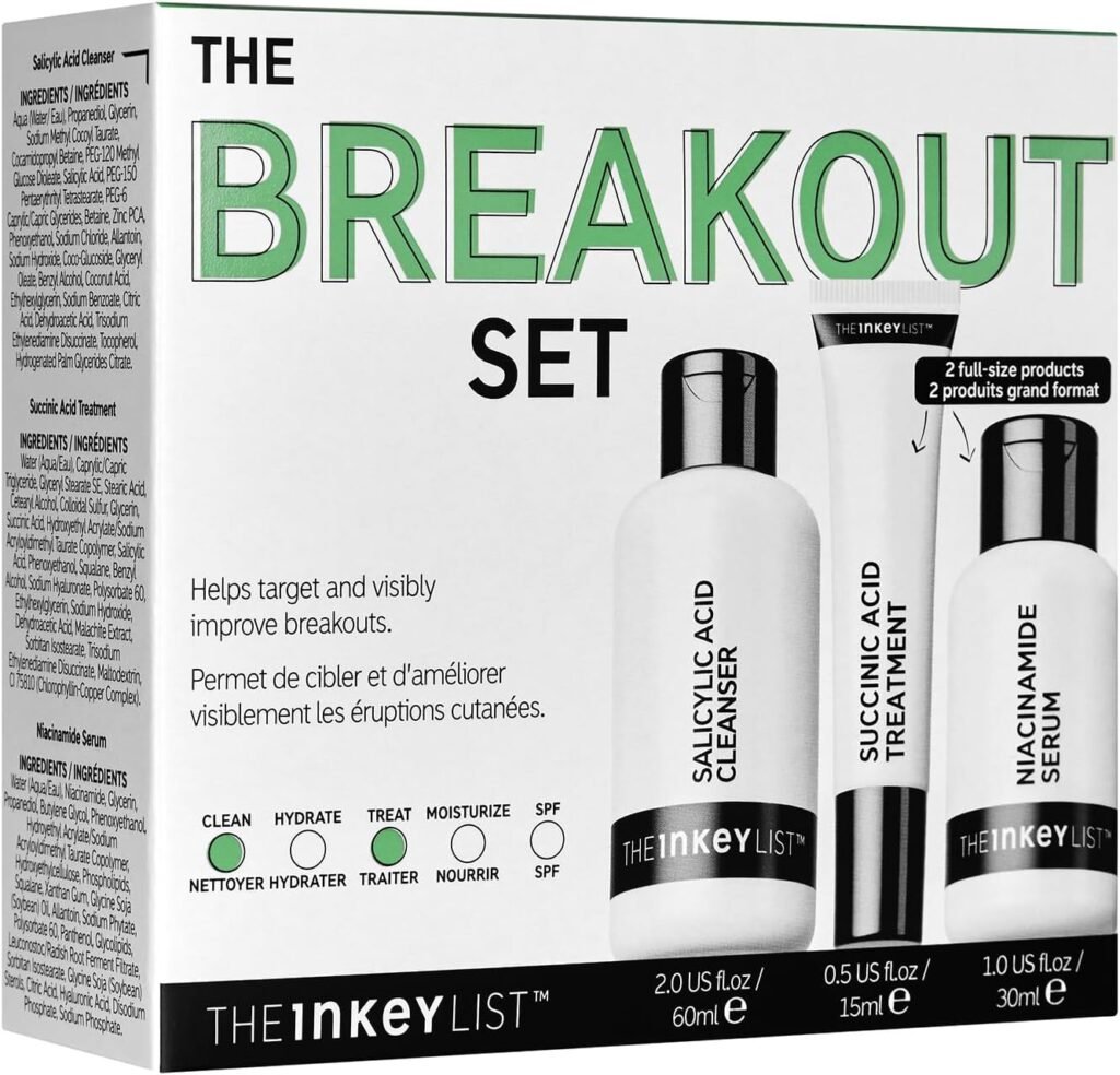 Breakout Set, Salicylic Acid Cleanser, Niacinamide Serum & Succinic Acid Treatment, Nourishing Skincare Set, Targets Breakouts, Suitable For Blemish Prone Skin