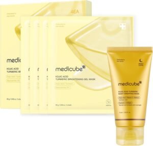 Kojic Acid Mask Duo: Kojic Acid Turmeric Brightening Gold Jelly Gel Mask(4ea) and Overnight Wrapping Mask (2.53 fl.oz)