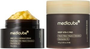 Vitamin C Duo for Uneven Skin Tone: Deep Vita C Toner Pads (70 Pads) and Deep Vitamin C Golden Capsule Face Moisturiser (1.94 oz)