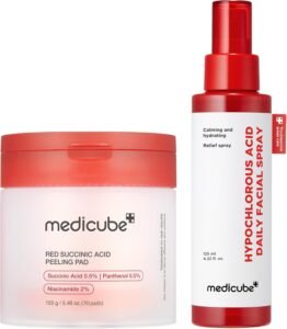 Swipe & Spray Duo for Troubled Skin: Red Succinic Acid Panthenol Facial Peeling Pads and Hypochlorous Acid Power Soothing Spray (125ml)