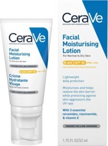 AM Facial Moisturising Lotion SPF50 With 3 Essential Ceramides, Vitamin E, Niacinamide, MVE Technology, UVA UVB Protection, For Normal to Dry Skin, Lightweight, Non-Greasy, Allergy Tested, 52ml