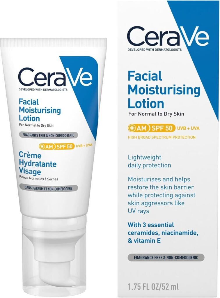 AM Facial Moisturising Lotion SPF50 With 3 Essential Ceramides, Vitamin E, Niacinamide, MVE Technology, UVA UVB Protection, For Normal to Dry Skin, Lightweight, Non-Greasy, Allergy Tested, 52ml